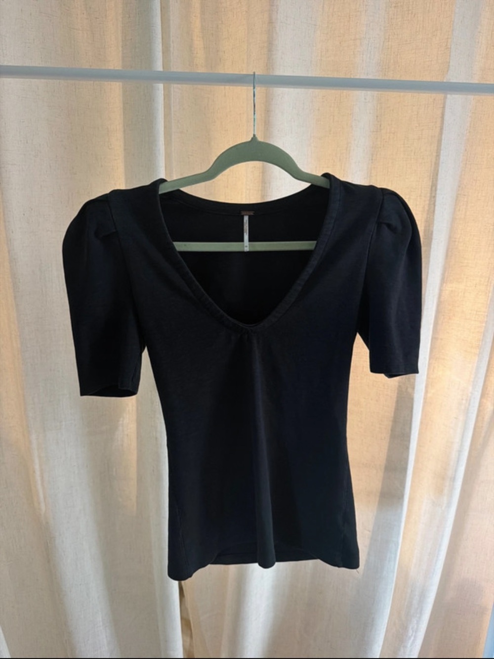 Free People Black V-Neck Puff Sleeve Top